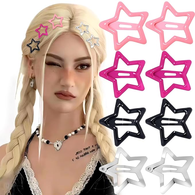 50Pcs Pink Star Hair Clips Y2K Silver Star Hair Clips for Women Metal Stars Barrettes for Hairs Non Slip Kawaii Stars Hairs Accessories for Girls Black Cute Snap Head Clip Styling Tools Gifts