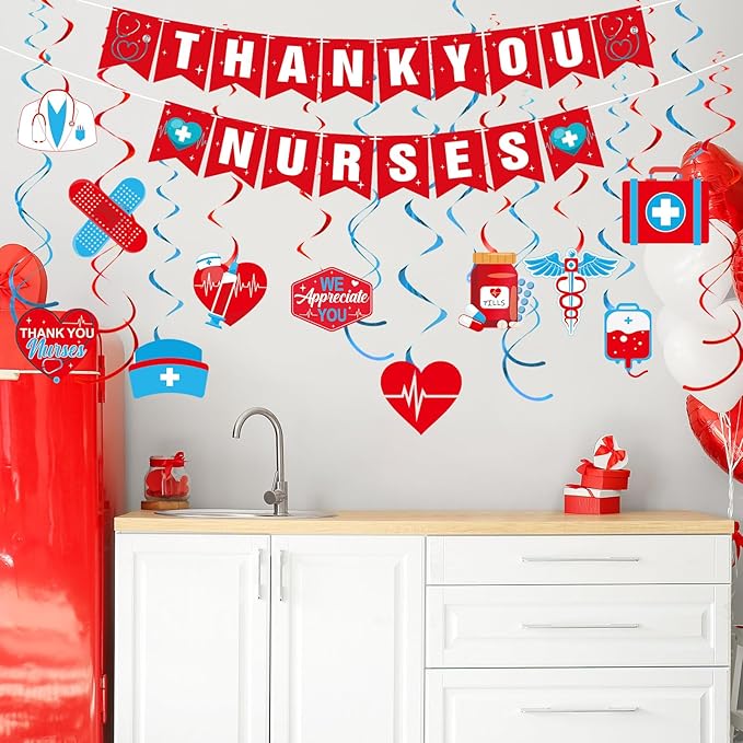 Thank You Nurse Banner and Hanging Swirl Set, Hanging Swirl Banner for Nurses Week Nurse Day Decoration Doctor Medical Themed Party Nurse Appreciation RN Graduation Party Decorations(Red)