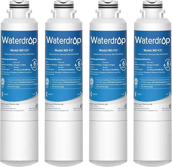 Waterdrop DA29-00020B Replacement for Samsung® Refrigerator Water Filter HAF-CIN/EXP, HAF-CIN, DA29-00020B-1, RF28HMEDBSR, RF263BEAESR, RS25J500DSR, RF263TEAESG, HDX FMS-2, DA97-08006A-1, 4 Pack
