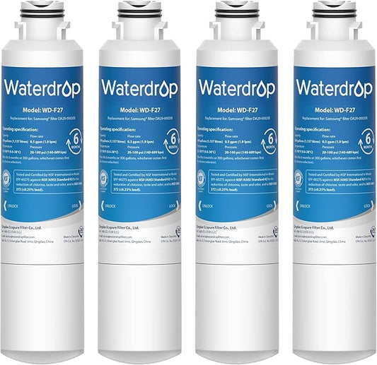 Waterdrop DA29-00020B Replacement for Samsung® Refrigerator Water Filter HAF-CIN/EXP, HAF-CIN, DA29-00020B-1, RF28HMEDBSR, RF263BEAESR, RS25J500DSR, RF263TEAESG, HDX FMS-2, DA97-08006A-1, 4 Pack