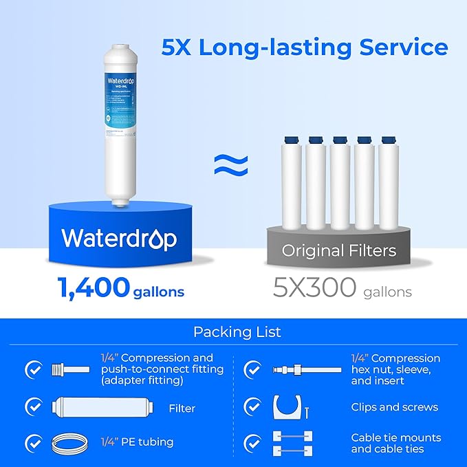 Waterdrop INL Inline Water Filter for Refrigerator and Ice Maker, 1 Year NSF Certified High Capacity Drinking Water Filtration System, Reduces Chlorine, Sediment, Bad Taste & Odor