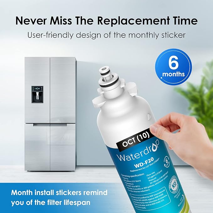 Waterdrop ADQ73613401 Replacement for LG® LT800P®, With 𝐀𝐥𝐤𝐚𝐥𝐢𝐧𝐞 ADQ73613401 Water Filter, 𝐄𝐧𝐡𝐚𝐧𝐜𝐞𝐬 𝐩𝐇, Replacement for LG® LT800P® 5 Fliters