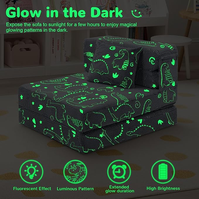 MeMoreCool Kids Floor Mattress Glow in The Dark, Convertible Sofa Couch, Folding Futon Chair Bed for Kids Playroom (Glowing Dinosaur)