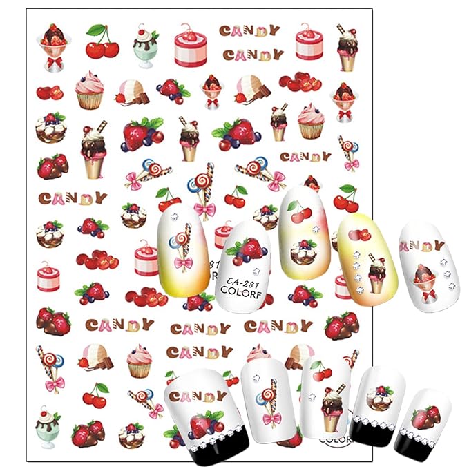 Nail Art Adhesive Sticker Holographic Cake Candy Rose Bow-knot Lips Ballet Gesture Nail Art Decals Design 3D Nail Art Supplies for Women Girls Manicure Tips Charms Decorations DIY Nail Decal(6 Sheets)