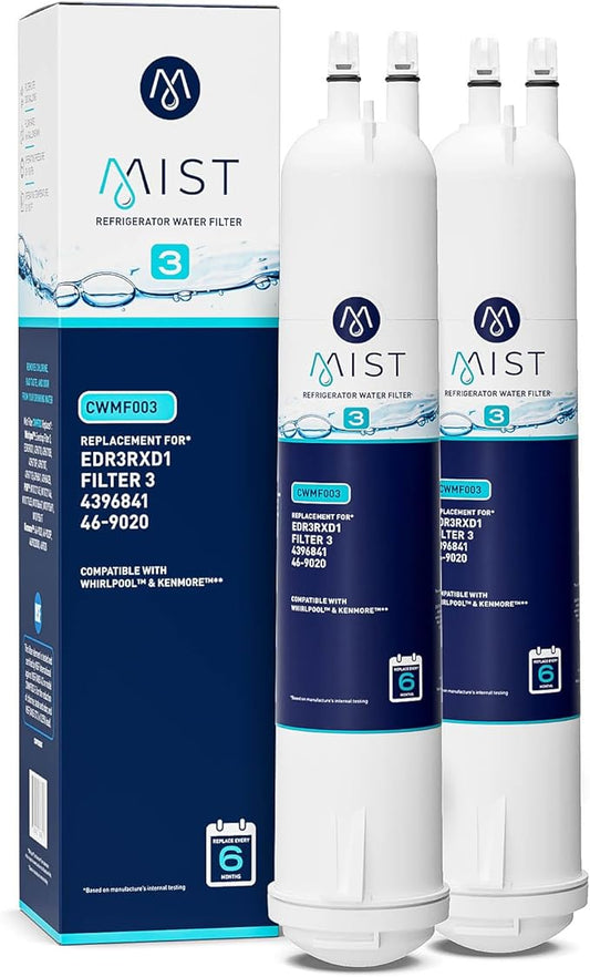 Mist EDR3RXD1 Refrigerator Water Filter Replacement for EveryDrop Filter 3, Whirlpool 4396841, 4396710, Kenmore 46-9030, 46-9083 – NSF 42 Certified – 2 Pack