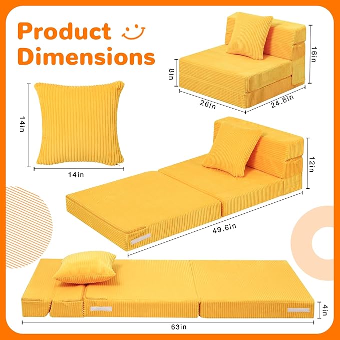 MeMoreCool Folding Sofa for Kids, Corduroy Fold Out Futon Chair, Small Foldable Floor Mattress, Portable Children Couch Sofa, Yellow