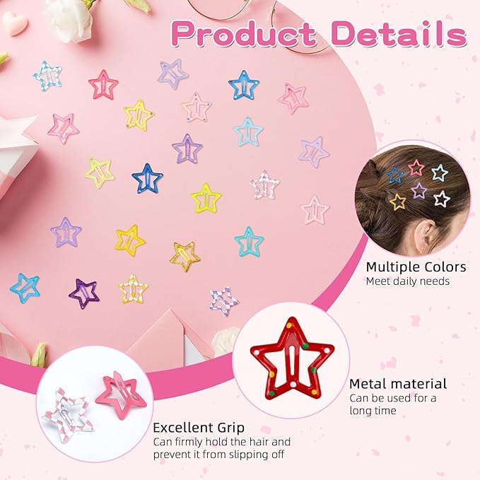 24Pcs Star Hair Clips Y2K Cute Star Hair Clips for Women Snap Metal Stars Barrettes for Long Short Curly Thin Thick Hair Bulk Pink Blue Purple Yellow Kawaii Hair Accessories for Girls Styling Tools