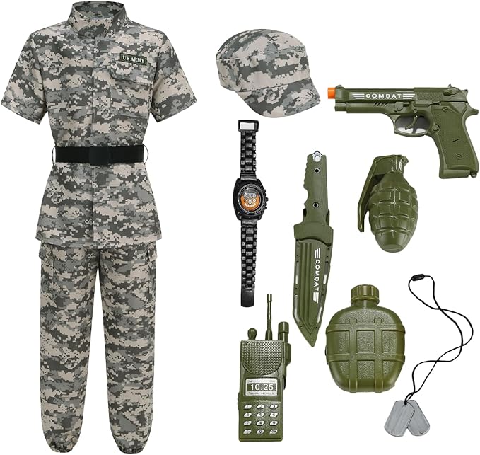 GRAJTCIN Kids Army Costume Long sleeve Halloween Party Military Soldier Dress Up Boys Costume for 4-14Y 11 PCS