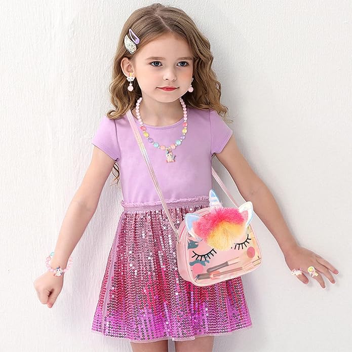Hifot Kids Jewelry Little Girls Plush Handbag Necklace Bracelet Earrings Ring Hair Clips Set, Princess Costume Jewelry Party Favors Gift for Dress up Pretend Play (3-8 Years)