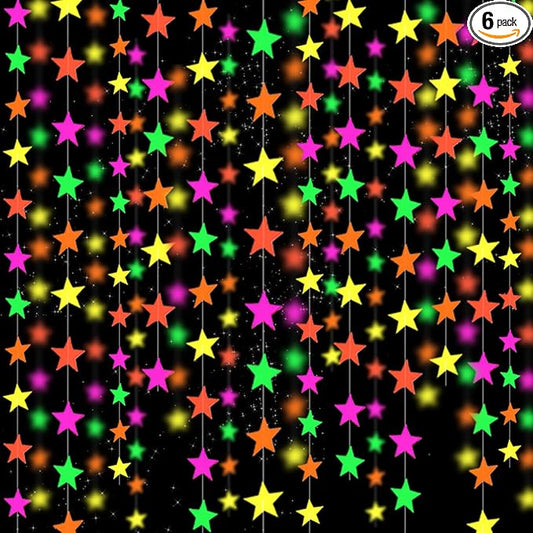 120feet Star UV Neon Garland Hanging Paper Glow in The Dark Glow Party Supplies and Decorations Blacklight Reactive Fluorescent Black Light Kit Neon Party Birthday Wedding