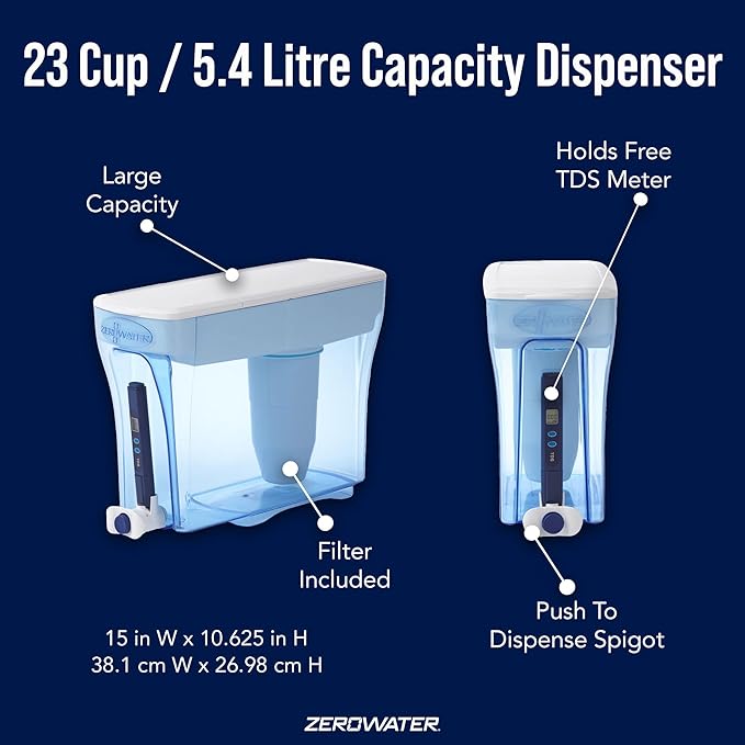 ZeroWater 23-Cup Water Filter Dispenser + 10-Cup Water Filter Pitcher Bundle | Removes 99% TDS
