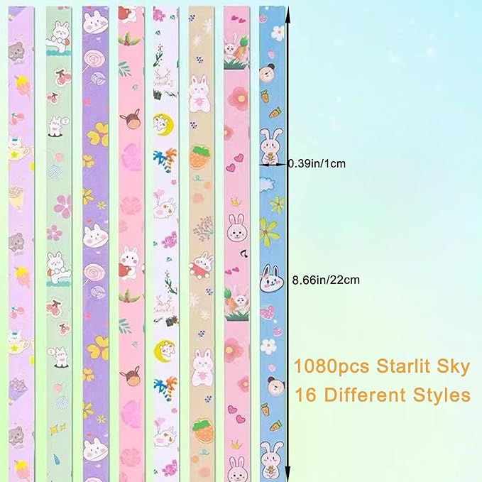 1080 Sheets Cartoon Origami Star Paper Strips 16 Different Styles Lucky Paper Stars Strips for DIY Handmade Crafts