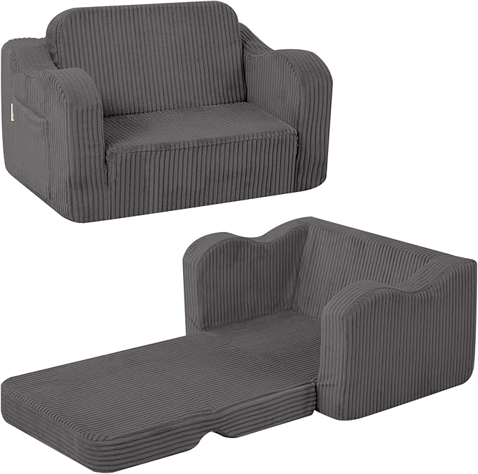 MeMoreCool Toddler Chair Comfy for 1-3 Years Old, Corduroy Kids Couch Bed Fold Out, 2-in-1 Foldable Baby Lounge Chair, Pull Out Children Sofa Bed, Dark Grey