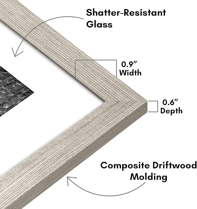 Americanflat 9x12 Picture Frame with Shatter-Resistant Glass - Use as 6x8 Frame with Mat or Display 9x12 Photo Without Mat - Signature Collection - Picture Frames for Tabletop and Wall - Driftwood