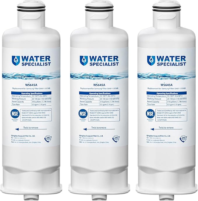 Waterspecialist DA97-17376B Refrigerator Water Filter, Replacement for Samsung® HAF-QIN/EXP, HAF-QIN, RF28T5001SR, DA97-08006C, RS27T5200SR, RF28R7351SG, RF24R7201SR, RF27T5201SR, WS645A, 3 Pack