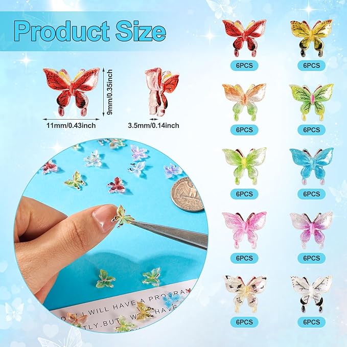 60Pcs 10 Colors Glitter Butterfly Resin Nail Charms, Bow Shape, Nail Art Rhinestones, Craft Bead, DIY Gift