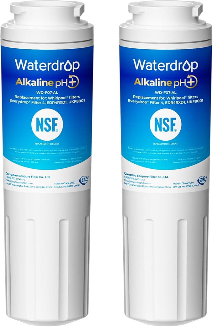 Waterdrop Alkaline UKF8001 Refrigerator Water Filter 4, Enhances pH, Replacement for Whirlpool® EDR4RXD1, EveryDrop® Filter 4, Maytag® UKF8001AXX-750, UKF8001AXX-200,WD-F07,2 Filters