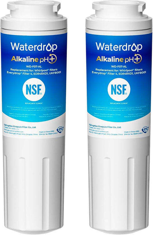 Waterdrop Alkaline UKF8001 Refrigerator Water Filter 4, Enhances pH, Replacement for Whirlpool® EDR4RXD1, EveryDrop® Filter 4, Maytag® UKF8001AXX-750, UKF8001AXX-200,WD-F07,2 Filters