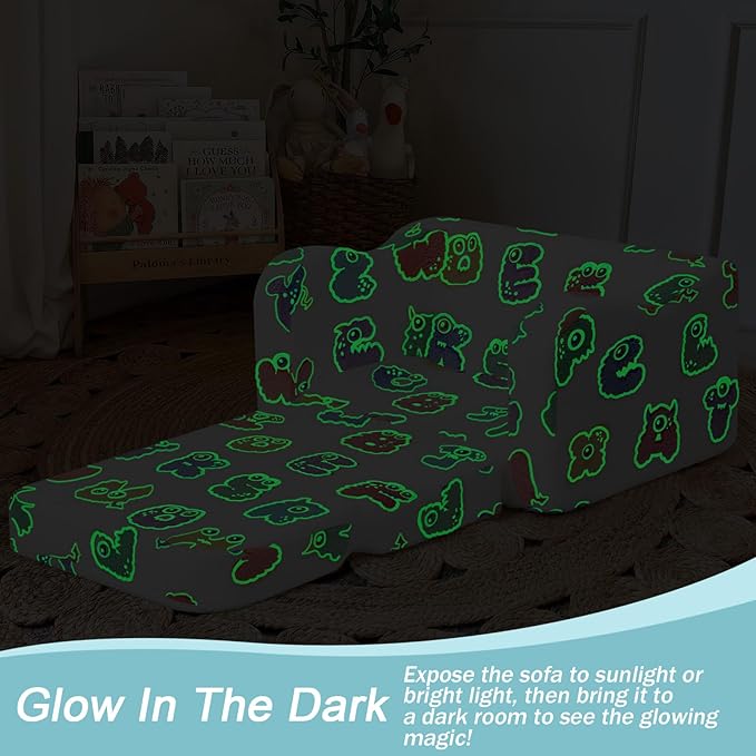MeMoreCool Glowing Alphabet Monster Kids Chair - 2-in-1 Foldable Kids Couch with Light-Up Letters, Convertible Fold-Out Lounge Seat, Soft Foam Sofa with Washable Cover for Boys and Girls Ages 1-3 | Playroom Seating