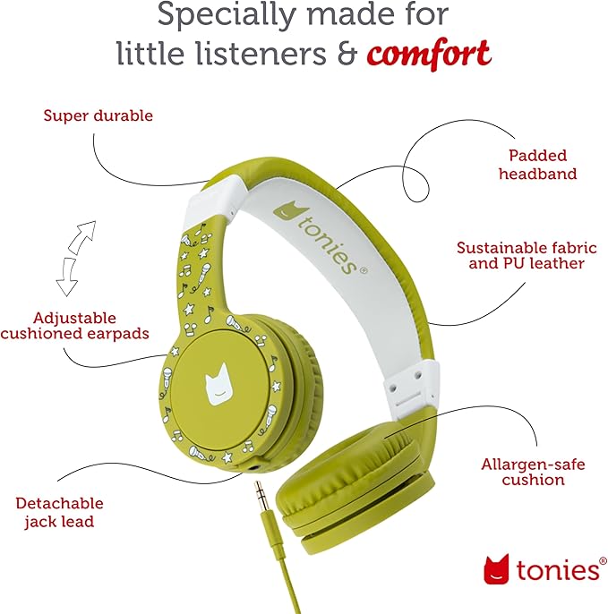 Tonies Foldable Wired Headphones for Kids - Comfortably Designed to fit On-Ear - Works with Toniebox 1 and All 3.5mm Devices - Green