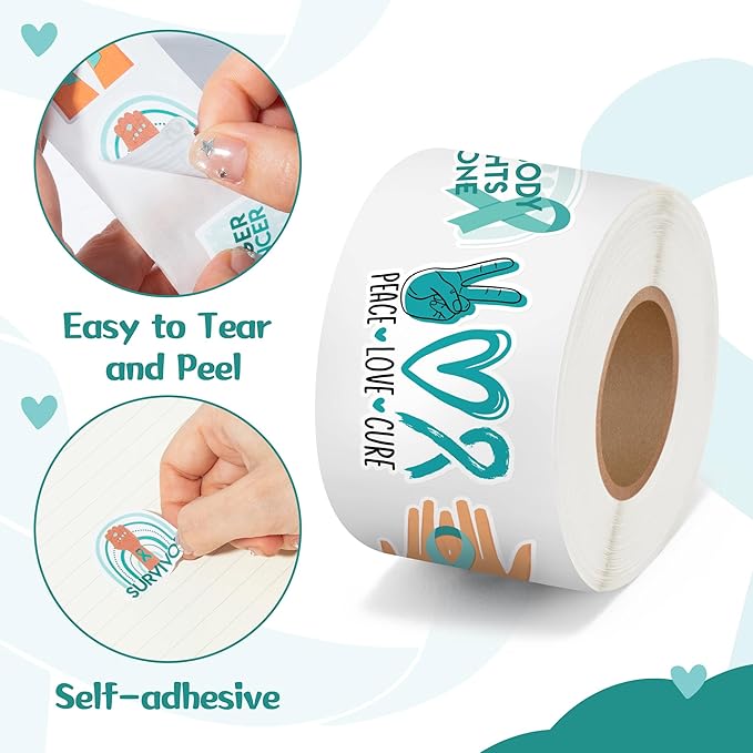 Ovarian Cancer Awareness Sticker - 1000 Pcs Teal Ribbon Sexual Assault Awareness Survivor Waterproof Vinyl Reusable Laptop Sticker Rolls Coloring Book Scrapbook Water Bottle Page Activity Pad