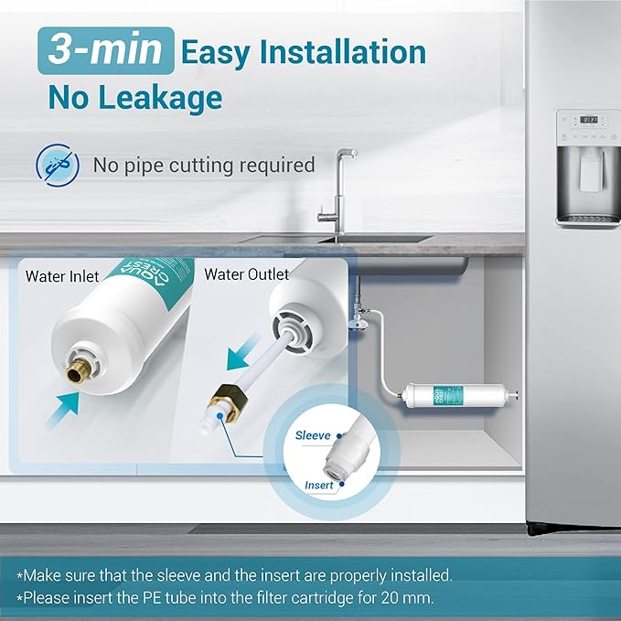 AQUA CREST INL-PLUS 5 years Inline Water Filter for Refrigerator and Ice Maker, High Capacity, 1/4-Inch Direct Connect Fittings, Easy Installation, Reduces Chlorine, Sediment, Bad Taste & Odor