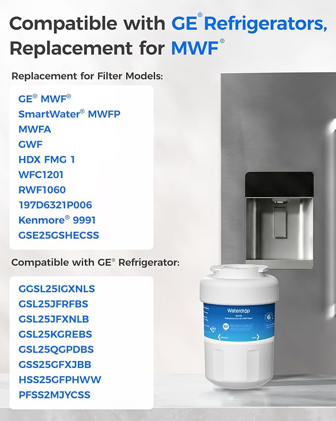 Waterdrop WD-F13 Replacement for GE® MWF®, SmartWater® MWFP, MWFINT, MWFA, GWF, HDX FMG-1, Kenmore® 9991, GSE25GSHECSS, WFC1201 Water Filter, 3 Pack