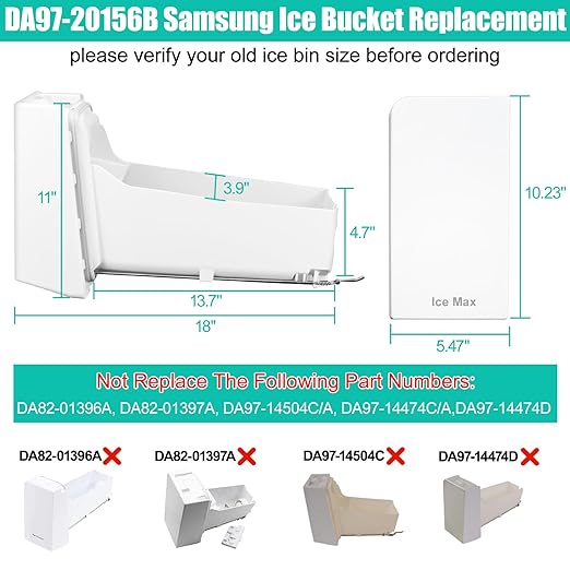 Upgraded DA97-20156B Ice Maker Replacement Compatible with Samsung Refrigerator DA97-20156A Ice Container, Ice Bucket Tray w/Latch Plate fit Model RF28HMEDBSR, RF27T5241SG, RF28R6301SG Ice Bin