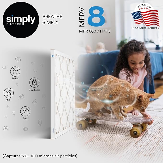 Simply 20x25x1 Air Filter, Merv 8, MPR 600, 4 Pack, Furnace Air Filter for HVAC (Actual Size: 19.75"x24.75"x0.75") DUST, Pet, & Allergy Control