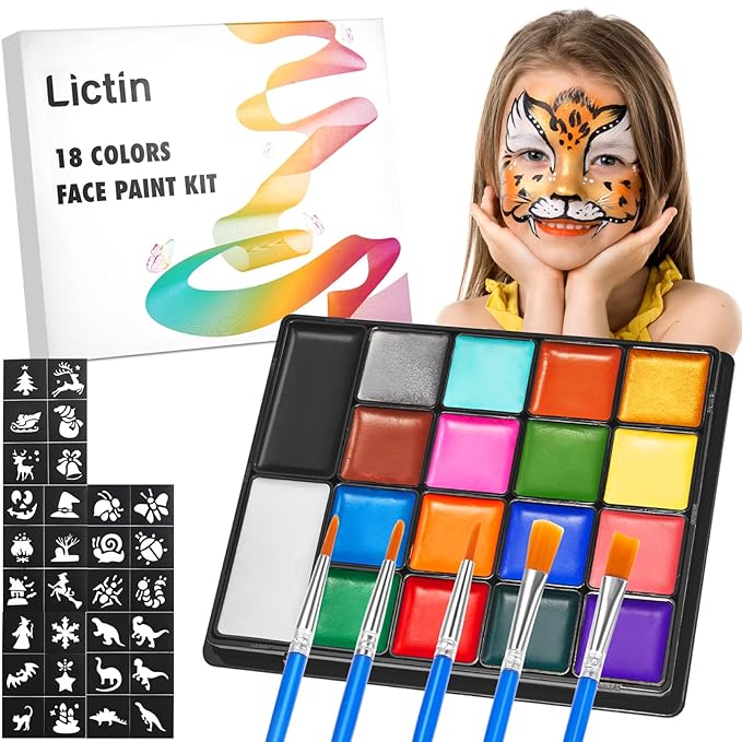 Lictin Water Based Face Paint - 18 Colors Face Painting Kit with Stencils and Brushes, Halloween Makeup Kit for Adults and Kids, Professional Non Toxic Washable
