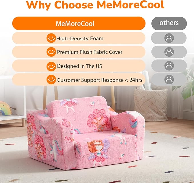 MeMoreCool Glowing Pink Fairy Kids Chair, 2-in-1 Fold-Out Kids Couch and Sofa for Girls Ages 1-3, Comfy Foam Lounger for Playroom Nursery with Glow in the Dark Design and Washable Cover | Reading, Relaxing