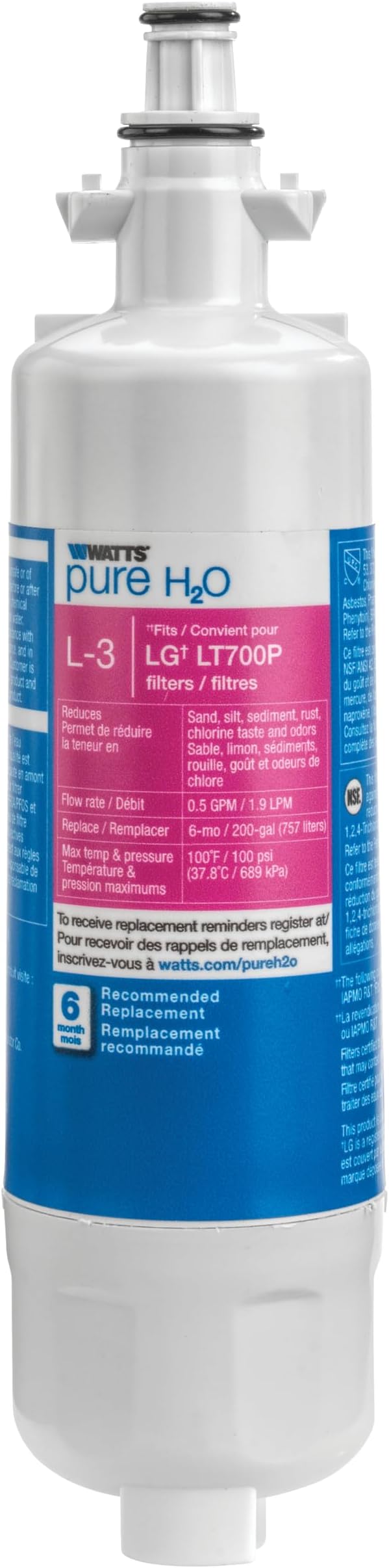 Watts L-3 LG Refrigerator Water Filter Replacement Cartridge, Compatible with LT1000P/ADQ73613401, 6-Month Life, Reduces Lead, Chlorine, Taste & Odor, NSF Certified