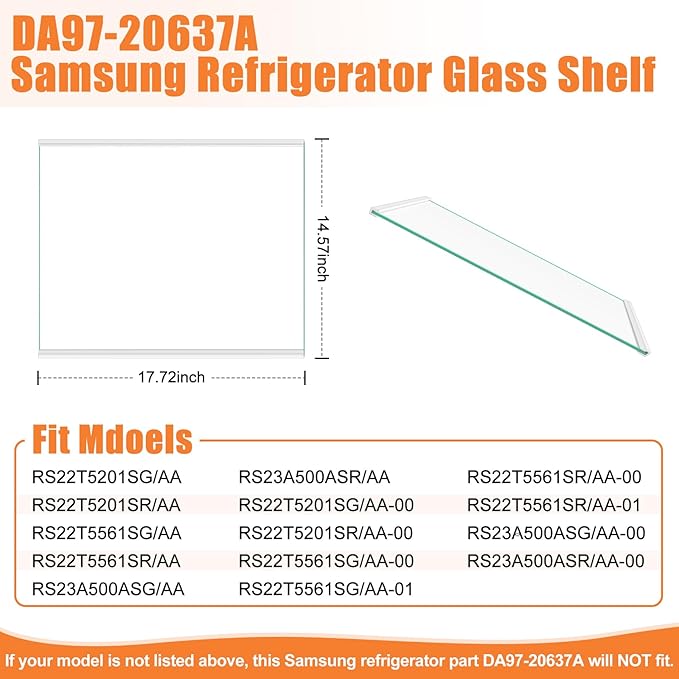 UPGRADED DA97-20637A Refrigerator Glass Shelf Compatible with Samsung Fridge Shelf Replacement Parts, Refrigerator Replacement Shelves RS22T5201SR RS22T5561SR Lower Tempered Glass Crisper Drawer Cover
