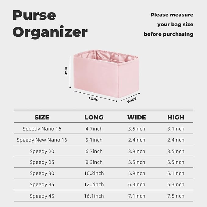Purse Handbag Silky Organizer Insert Keep Bag Shape Fits LV Speedy 16/20/25/30/35/45 bags, Luxury Handbag Tote Lightweight Sturdy(Pink, Speedy16)