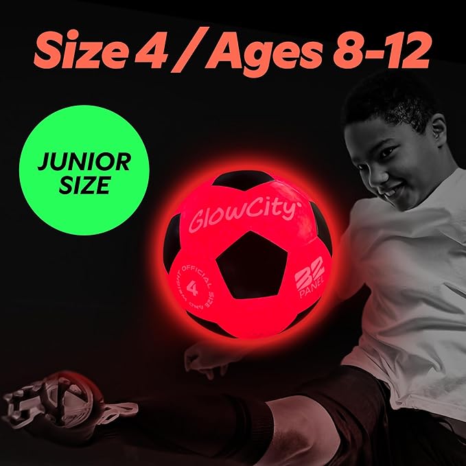 GlowCity Glow in The Dark Soccer Ball - Sizes 3, 4, 5 for Kids, Teens & Adults - Light Up Soccer Ball with 2 LED Lights - Sports Birthday Gifts Ideas for Boys & Teenagers Ages 6 7 8 9 10 11 12 13 14