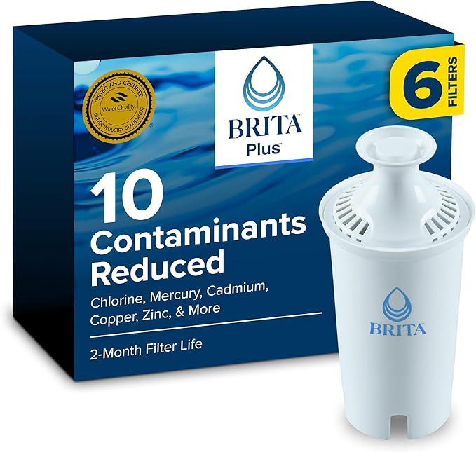 Brita Plus Water Filter, BPA-Free, High-Density Replacement Filter for Pitchers and Dispensers, Reduces 2x Contaminants*, Lasts Two Months or 40 Gallons, Includes 6 Filters