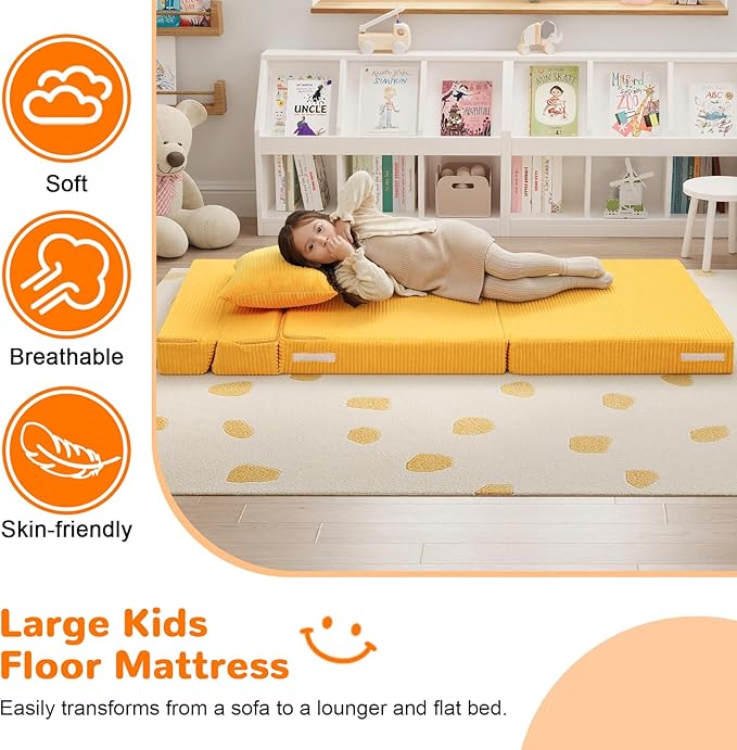 MeMoreCool Folding Sofa for Kids, Corduroy Fold Out Futon Chair, Small Foldable Floor Mattress, Portable Children Couch Sofa, Yellow