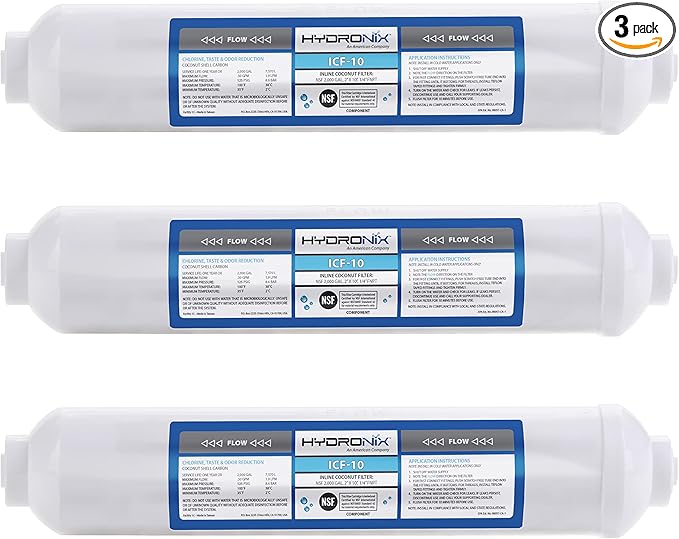 Hydronix ICF-10 Inline Post Activated Carbon Water Filter Replacement Cartridge with 1/4-Inch NPT for Refrigerator, Ice Maker, RO Reverse Osmosis System, 2000 Gallons - 1 Year Capacity (3 Pack)