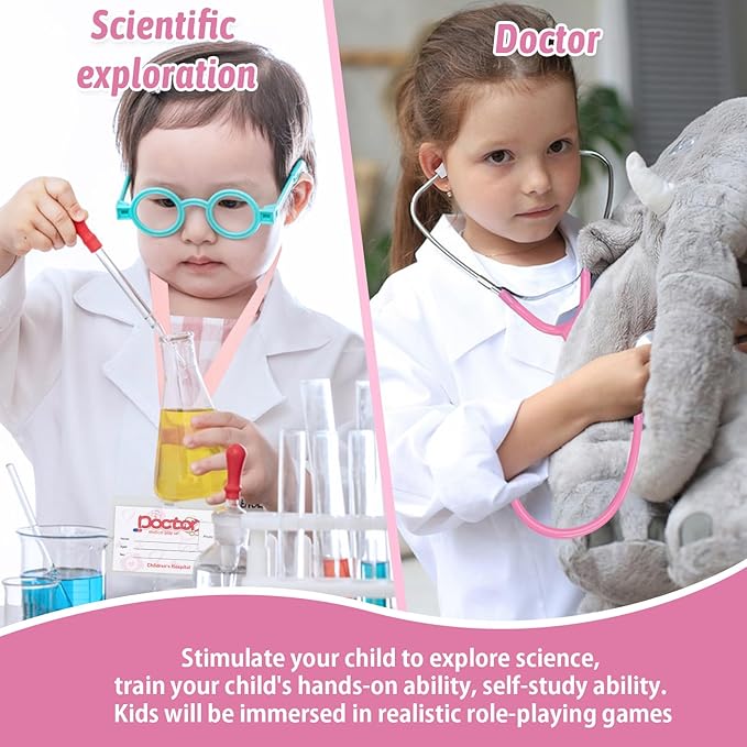Doctor Costume for Kids, Toddler Doctor Lab Coat with Kids Stethoscope, Halloween Scientist Costume for Boys Girls