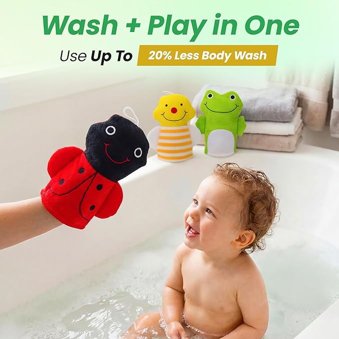 Made Easy Kit Hand Puppet Bath Wash Mitt Towel with Animal Designs with Loofahs for Fun Interactive Bathing Time (Red Green Yellow (No Loofah))