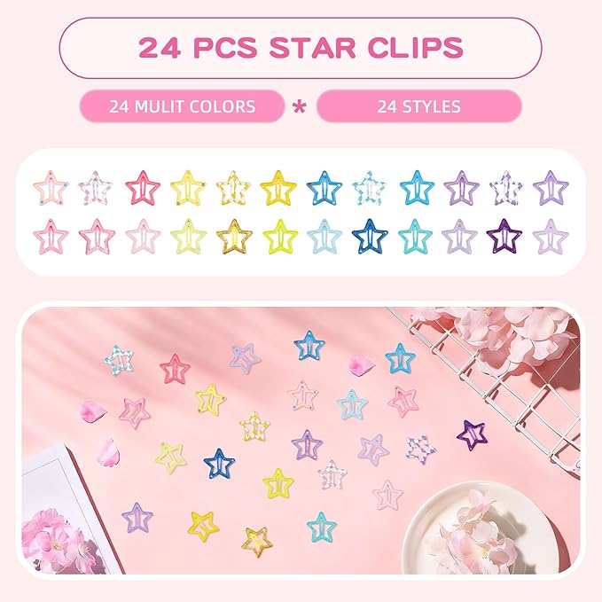 24Pcs Star Hair Clips Y2K Cute Star Hair Clips for Women Snap Metal Stars Barrettes for Long Short Curly Thin Thick Hair Bulk Pink Blue Purple Yellow Kawaii Hair Accessories for Girls Styling Tools