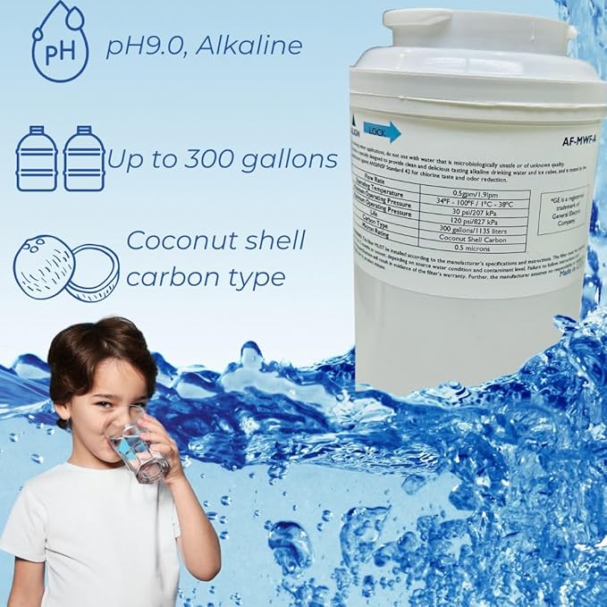 AF-MWF-Alkaline Water Filter Replacement Compatible with GE model MWF, 2X Life (pH level 9.0) Two-Pack
