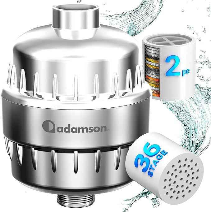 Adamson Shower Filter for Hard Water – 36-Stage Filtered Shower Head, Helps Reduce Chlorine – Supports Healthier Skin & Hair – High Output – Easy Tool-Free Install – Extra Cartridge Included