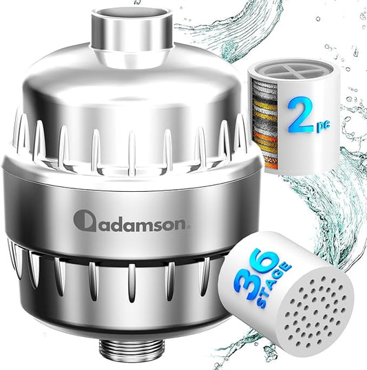 Adamson Shower Filter for Hard Water – 36-Stage Filtered Shower Head, Helps Reduce Chlorine – Supports Healthier Skin & Hair – High Output – Easy Tool-Free Install – Extra Cartridge Included