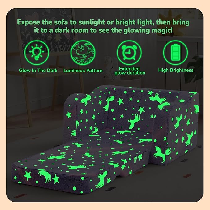 MeMoreCool Glowing Butterfly Kids Chair, 2-in-1 Foldable Kids Couch for Girls, Glow-in-the-Dark Lavender Sofa with Fold-Out Lounger, Soft Foam Kids Furniture for Playroom Nursery, Washable Cover | Reading, Relaxing