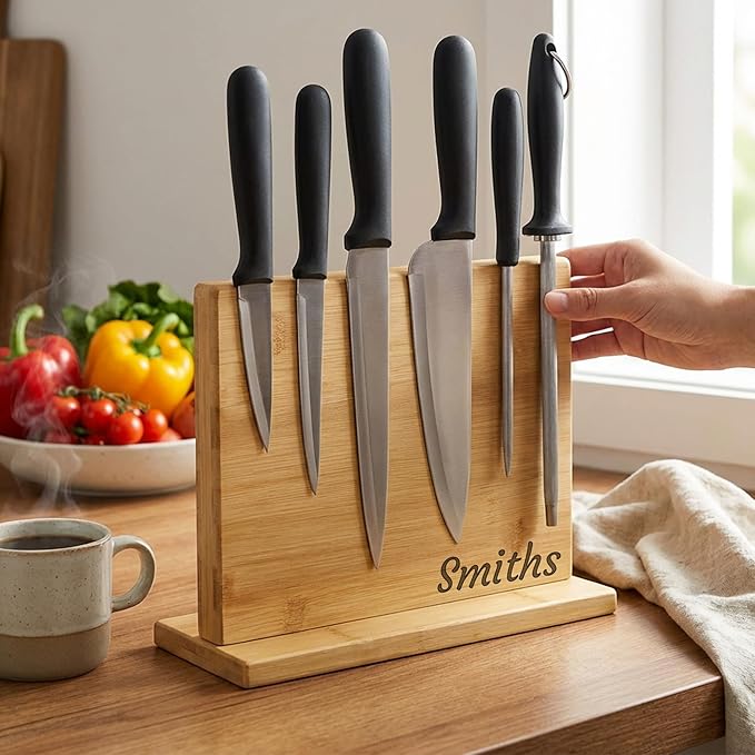 Personalized 12x9 Acacia Wood Magnetic Knife Holder for Countertop, Knife Block with Strong Double-Sided Magnet, Wooden Stand for Kitchen, Large Capacity Storage for Kitchen, Custom Engraved Gift