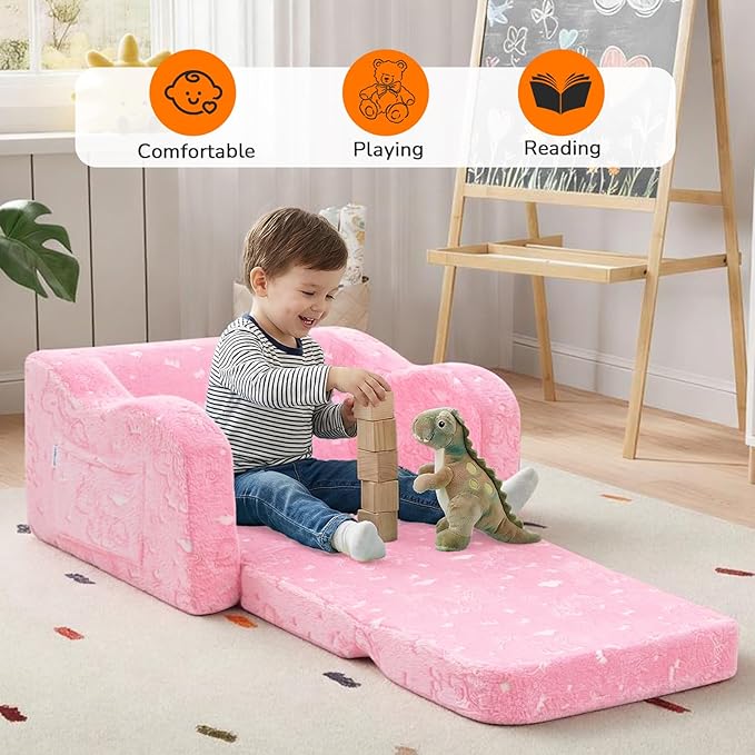MeMoreCool Glowing Unicorn Kids Chair, 2-in-1 Glow in the Dark Kids Couch Fold Out to Lounger, Comfy Kids Couch for Ages 1-3, Soft Foam Kids Sofa with Washable Cover for Playroom, Girls Boys | Reading, Relaxing
