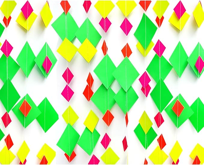 122feet Neon Streamers Glow Garland Glow in The Dark Block Hanging Paper Ornaments Blacklight Reactive Fluorescent Black Light Party Kit Neon Glow Party Supplies and Decorations for Birthday Wedding