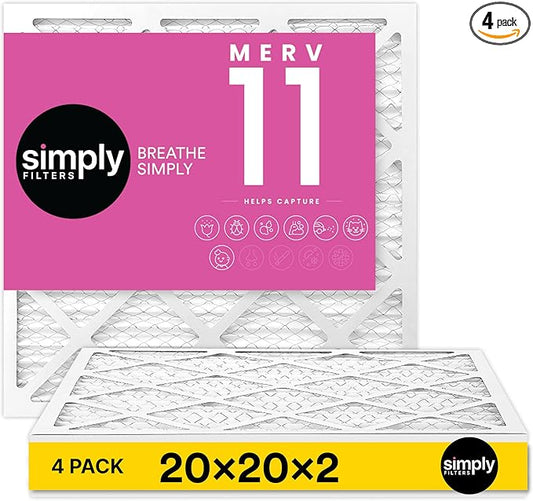 Simply 20x20x2 Air Filter, MERV 11, 4 Pack, Furnace Air Filter for HVAC (Actual Size: 19.5"x19.5"x1.75") DUST, Pet & Allergy Control