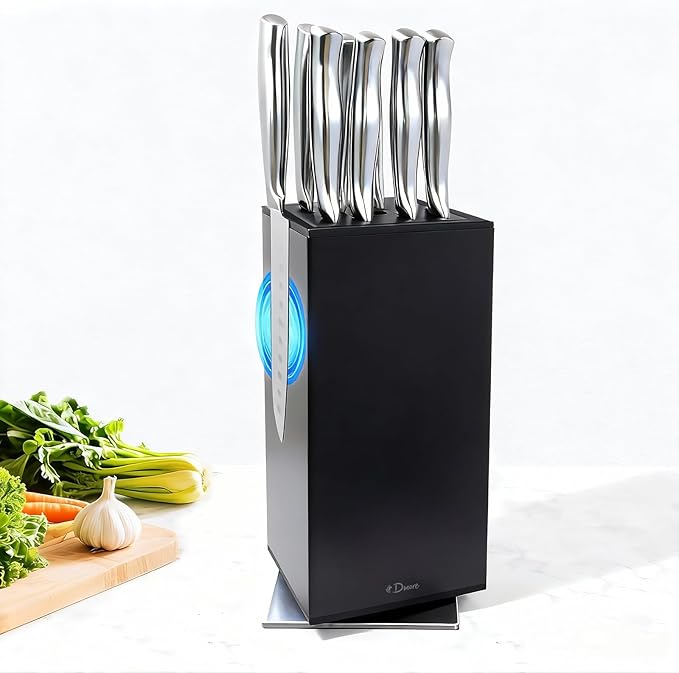 Dmore magnetic knife block without knives, 360° rotatable black magnet knife holder stand made of stainless steel, Extra Large capacity knife storage for knives and utensils for kitchen counter top